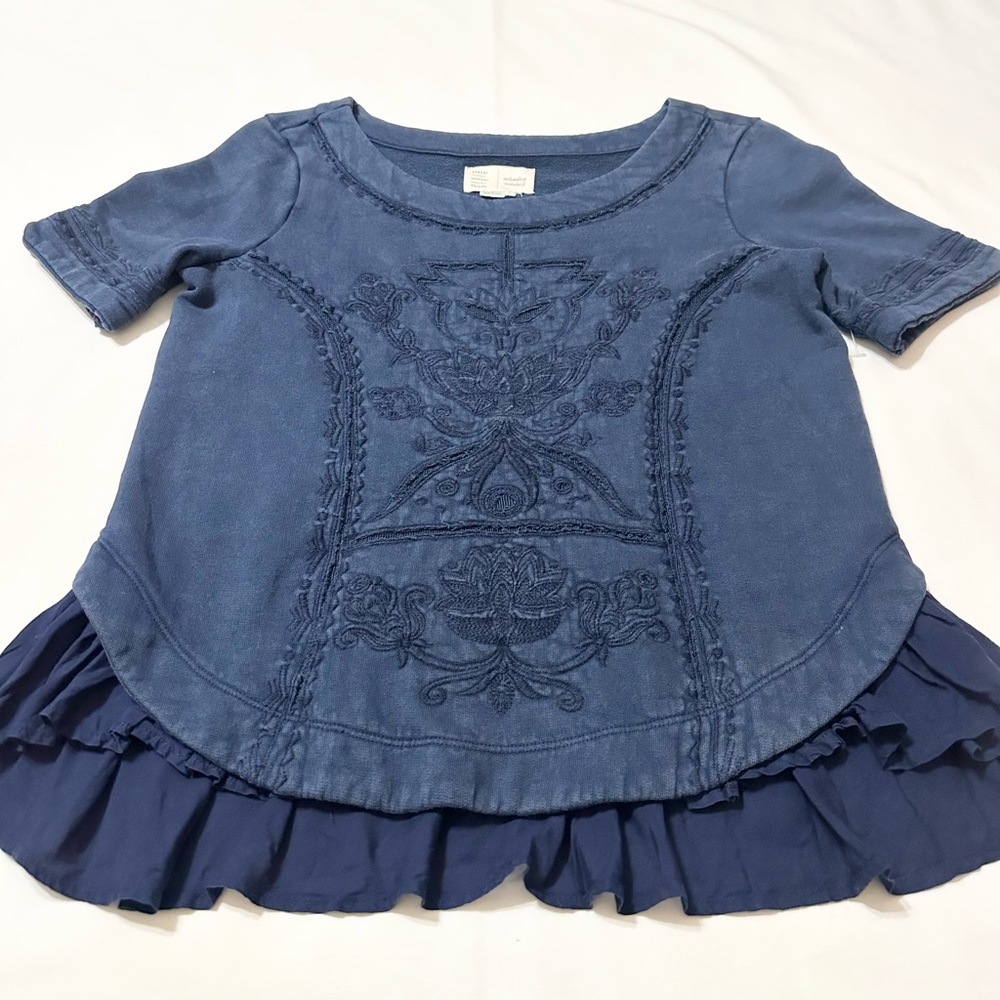 Saturday Sunday by Anthropologie Navy Blue S/S Embroidered Layered-Look Top - S